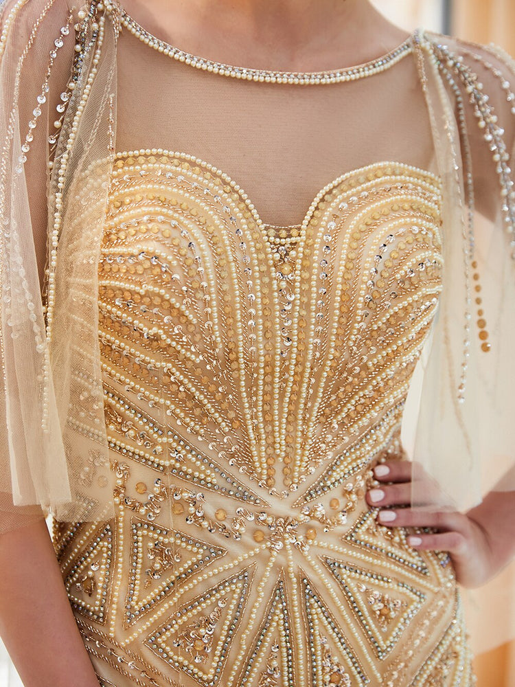 Vestido de Festa Luxo Pérolado com Manta em Tule Detalhado Dourado - Modelo Especial