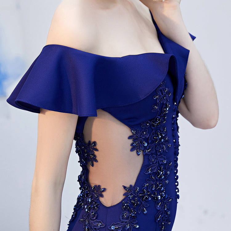 Vestido de Festa Longo com Manga Pétala Azul Marinho