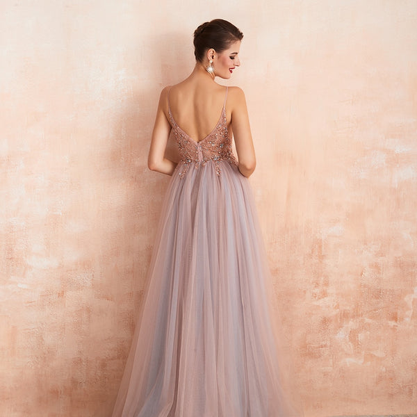 Vestido de Festa Luxo com Decoração em Cristais Rosa Empoeirado