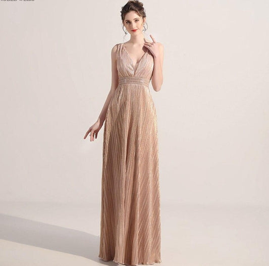 Vestido de Festa Longo em Chiffon Plissado Dourado (Pronta Entrega)
