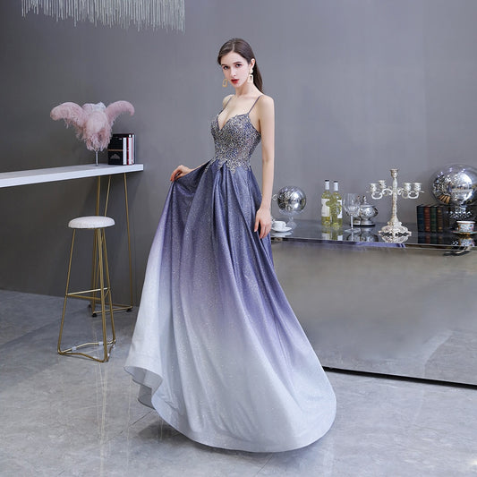 Vestido de Festa Luxo Brilho Degradê Lavanda Intenso