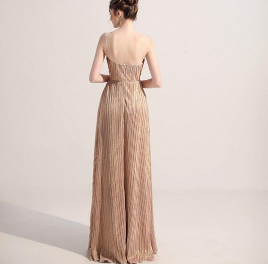 Vestido de Festa Longo em Chiffon Plissado Dourado (Pronta Entrega)