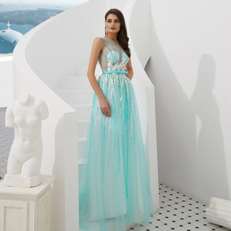 Vestido de Festa Luxo em Tule e Sobreposição Transparente Azul Tiffany - Modelo Especial