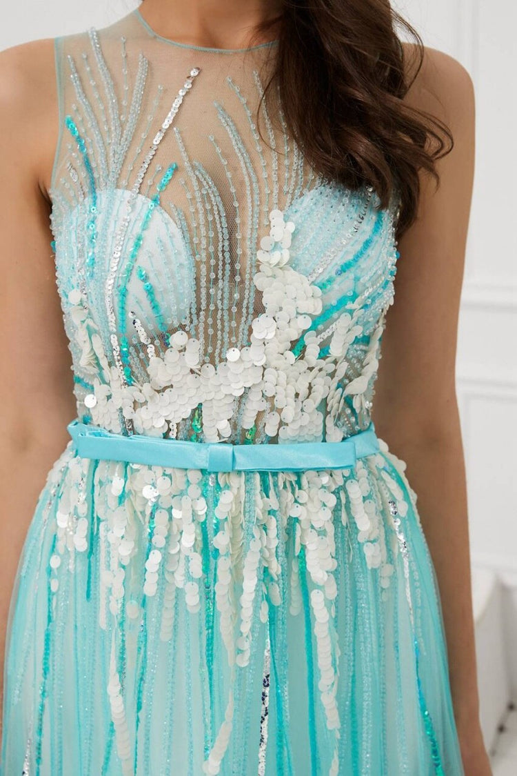 Vestido de Festa Luxo em Tule e Sobreposição Transparente Azul Tiffany - Modelo Especial
