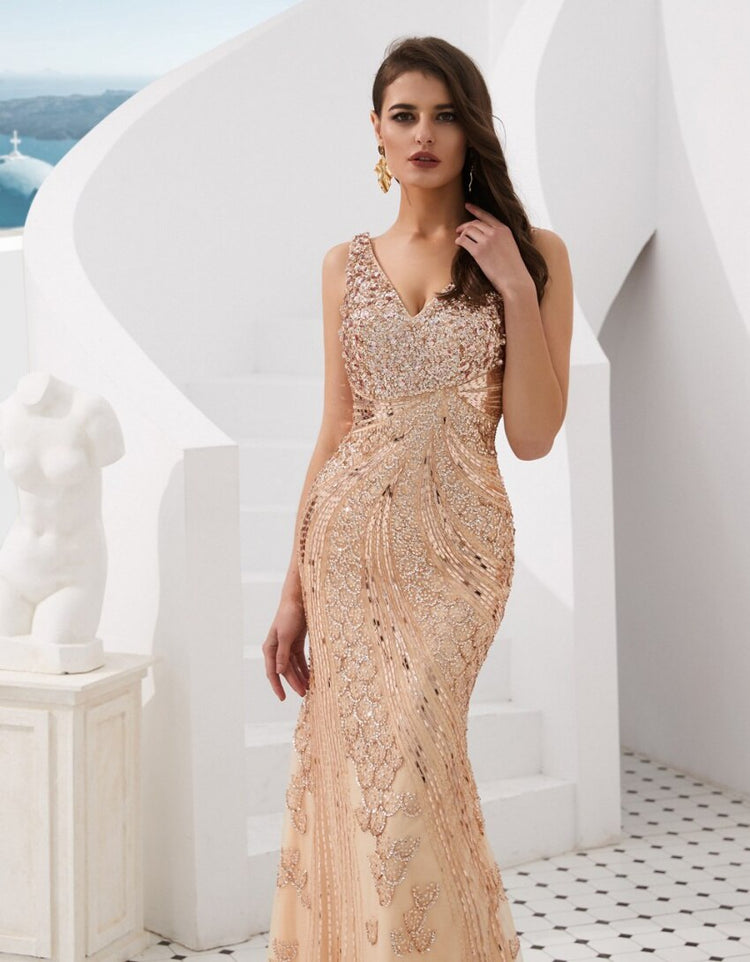 Vestido de Festa Dourado Longo Cristal Brilho - Modelo Especial