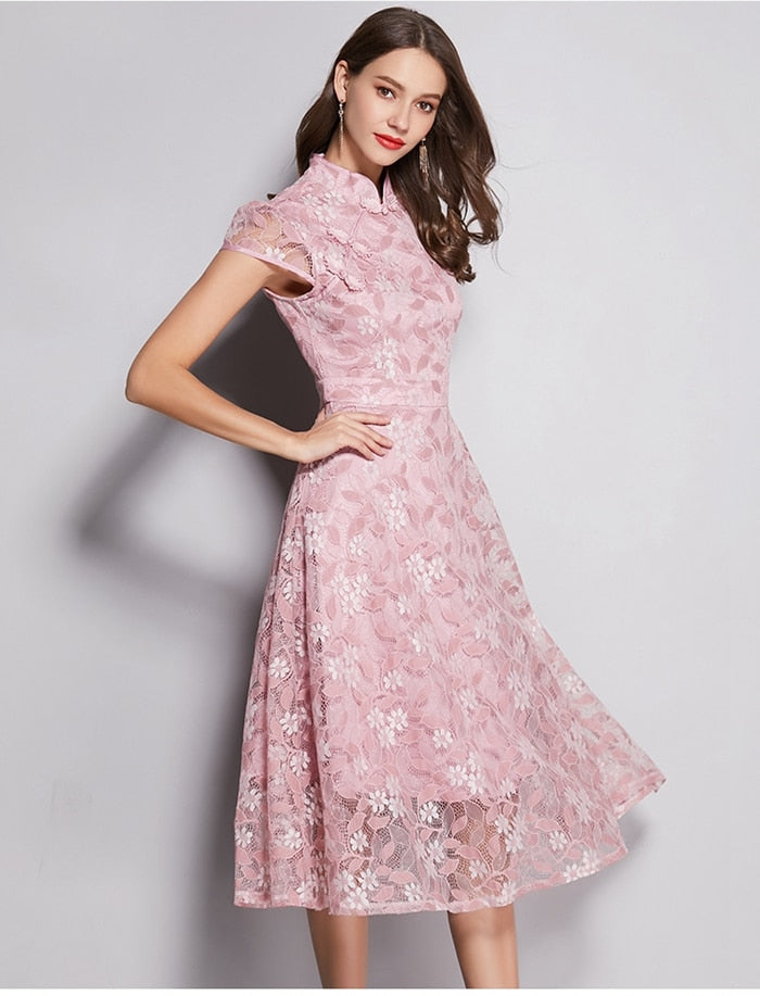 Vestido de Festa Midi Rendado Floral Rosé