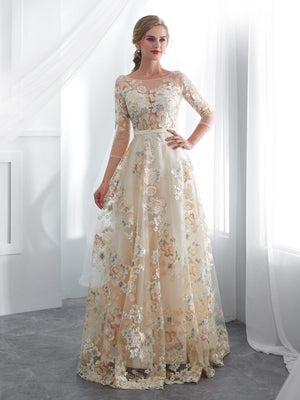 Vestido de Festa Luxo em Tule Champanhe com Estampa Floral (Pronta Entrega)