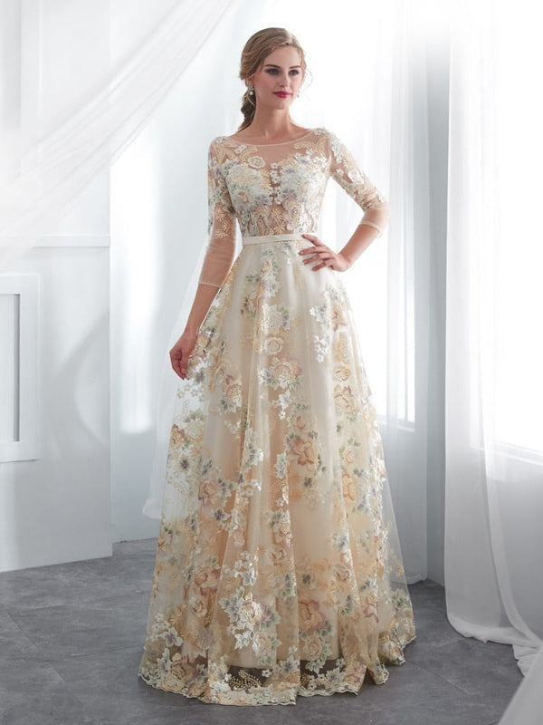 Vestido de Festa Luxo em Tule Champanhe com Estampa Floral (Pronta Entrega)