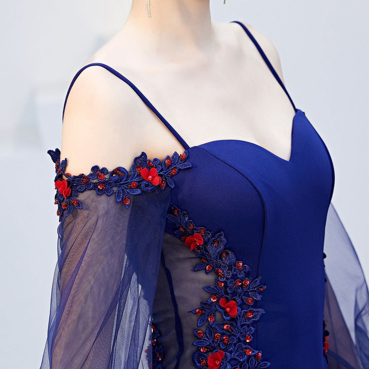Vestido de Festa Longo Silhueta Sereia com Detalhes de Flores Azul Royal (Pronta Entrega)