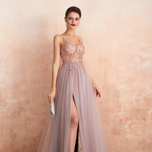 Vestido de Festa Luxo com Decoração em Cristais Rosa Empoeirado
