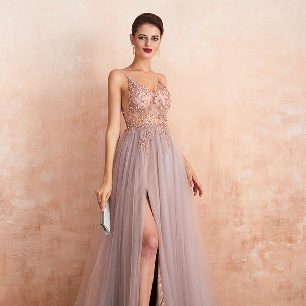 Vestido de Festa Luxo com Decoração em Cristais Rosa Empoeirado