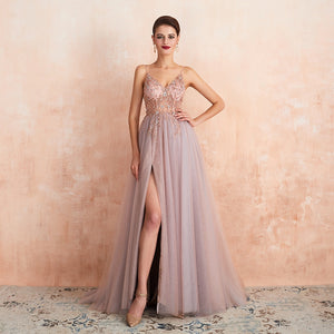 Vestido de Festa Luxo com Decoração em Cristais Rosa Empoeirado