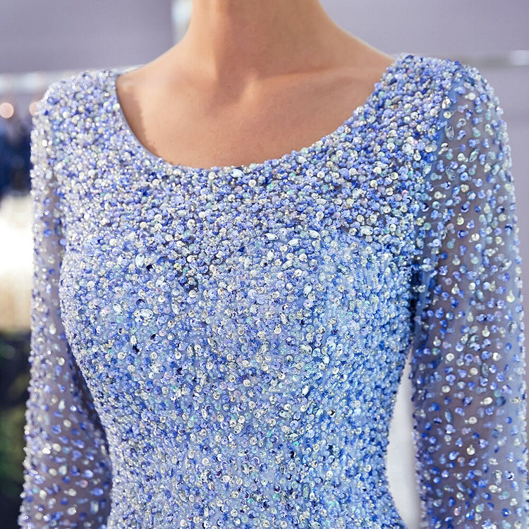 Vestido de Festa Longo Luxo Decorado com Pérolas e Cristais Azul Serenity - Modelo Especial