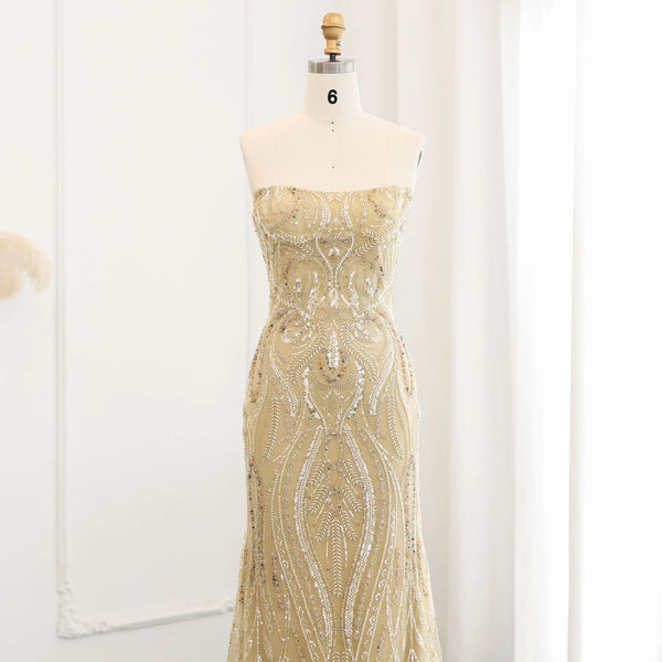 Vestido de Festa Longo Sereia Dourado em Renda - Modelo Especial
