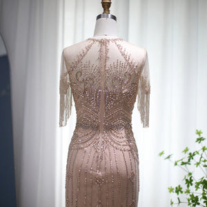 Vestido de Festa Longo com Manga em Cristais Champanhe - Modelo Especial