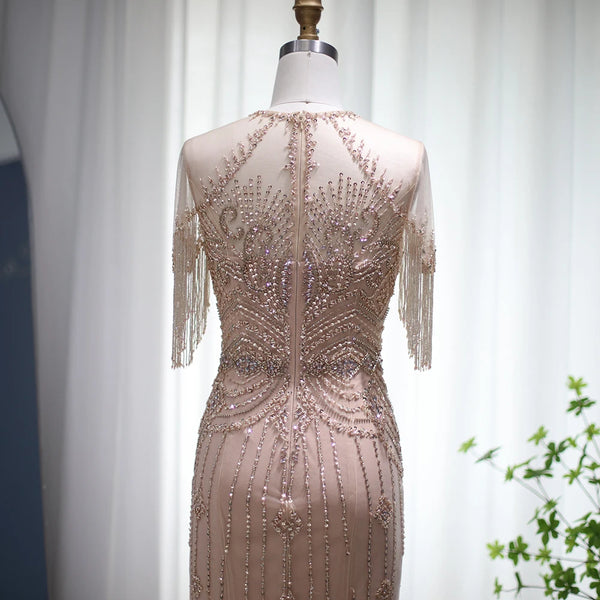 Vestido de Festa Longo com Manga em Cristais Champanhe - Modelo Especial