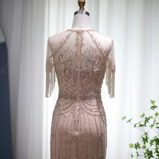 Vestido de Festa Longo com Manga em Cristais Champanhe - Modelo Especial