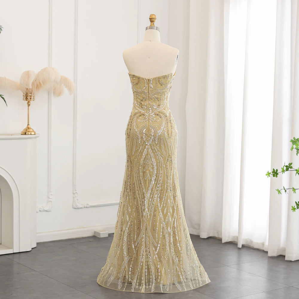 Vestido de Festa Longo Sereia Dourado em Renda - Modelo Especial