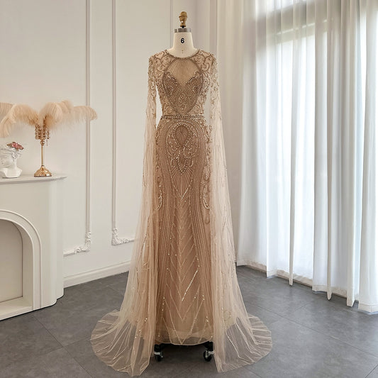 Vestido Maxi Luxo Imperatriz Decorado em Cristais com Capa - Modelo Especial