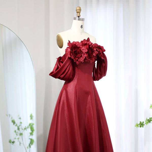 Vestido de Festa Longo Marsala Flores 3D - Modelo Especial