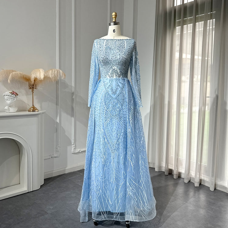 Vestido de Festa Longo Pandora em Renda e Cristal Azul Serenity - Modelo Especial