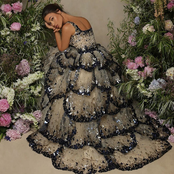 Vestido de Festa Luxo Maxi Flor Decorado em Camadas