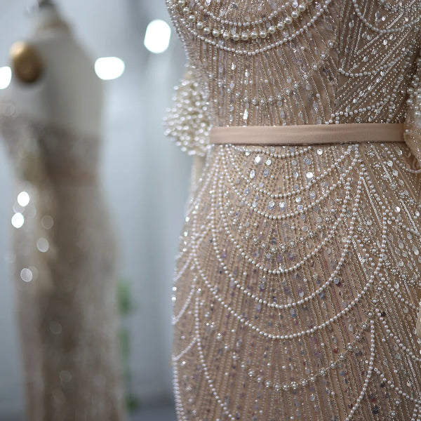 Vestido de Festa Longo Adornado em Cristais Champanhe - Modelo Especial