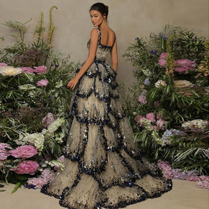 Vestido de Festa Luxo Maxi Flor Decorado em Camadas