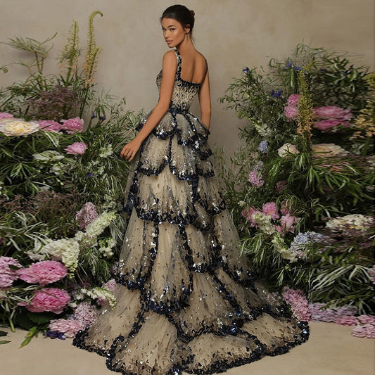 Vestido de Festa Luxo Maxi Flor Decorado em Camadas com Paetês - Modelo Especial