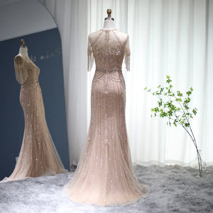 Vestido de Festa Longo com Manga em Cristais Champanhe - Modelo Especial