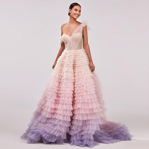 Vestido de Festa Princesa em Camadas Plissado Degradê