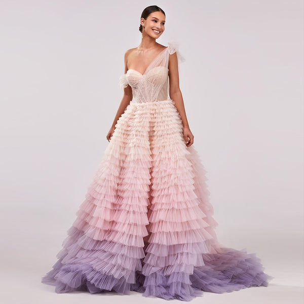 Vestido de Festa Princesa em Camadas Plissado Degradê