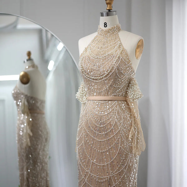 Vestido de Festa Longo Adornado em Cristais Champanhe - Modelo Especial