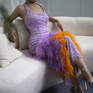 Vestido de Festa com Plumas Lavanda - Modelo Especial