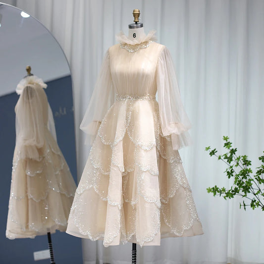 Vestido de Festa Midi em Renda Champanhe- Modelo Especial