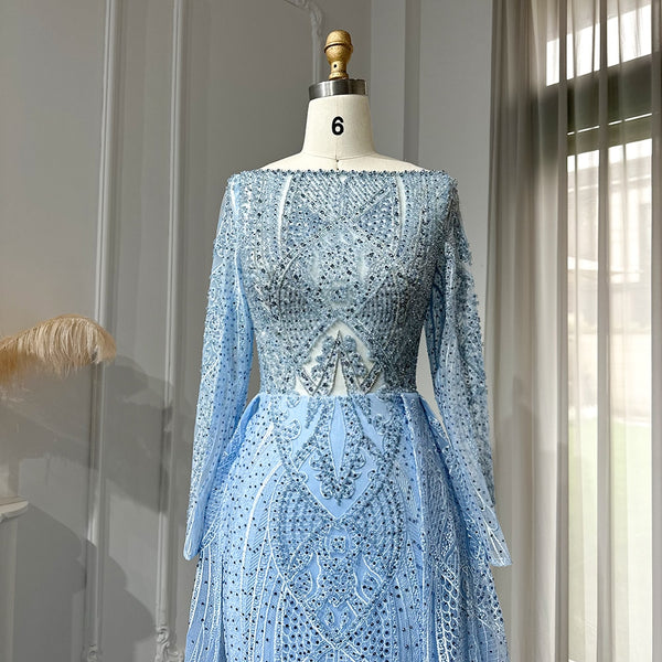 Vestido de Festa Longo Pandora em Renda e Cristal Azul Serenity - Modelo Especial
