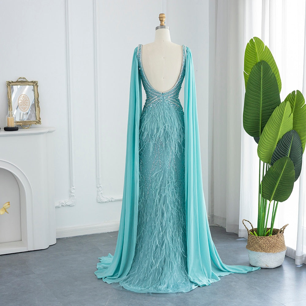 Vestido de Festa Sereia com Manga Capa Longo Exuberante Modelo Espec