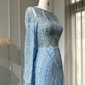 Vestido de Festa Longo Pandora em Renda e Cristal Azul Serenity - Modelo Especial