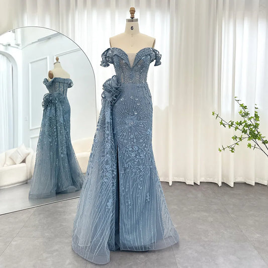 Vestido de Festa Longo Overskirt Azul Empoeirado (Pronta Entrega)