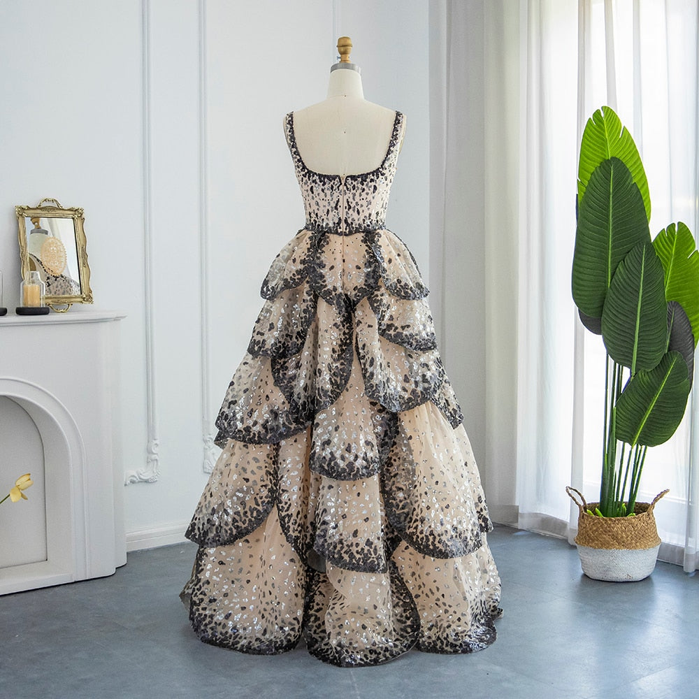 Vestido de Festa Luxo Maxi Flor Decorado em Camadas