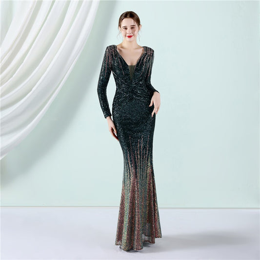 Vestido de Festa Longo com Detalhes Paetês Degradê Verde