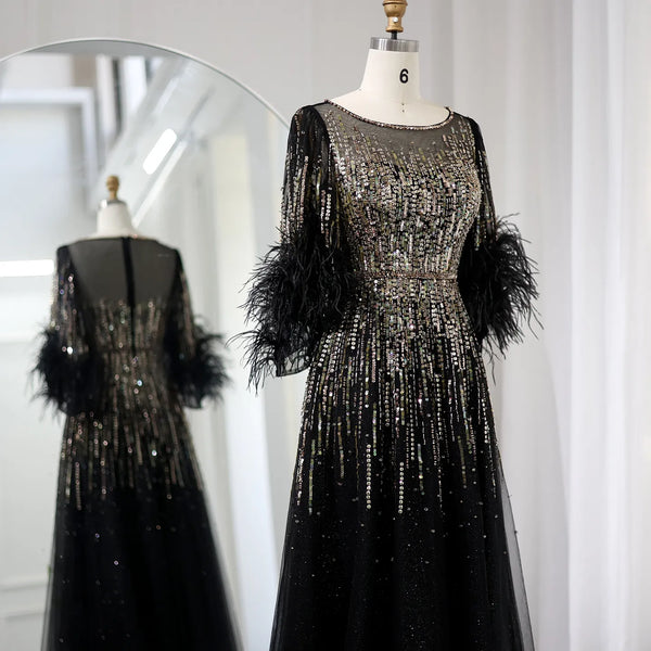 Vestido de Festa Longo com Brilho e Plumas - Modelo Especial