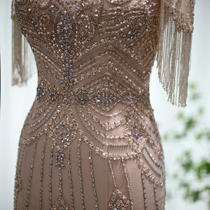 Vestido de Festa Longo com Manga em Cristais Champanhe - Modelo Especial