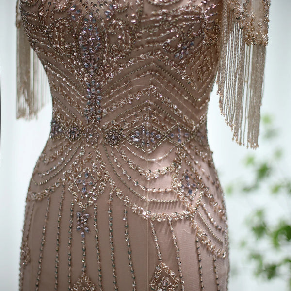 Vestido de Festa Longo com Manga em Cristais Champanhe - Modelo Especial