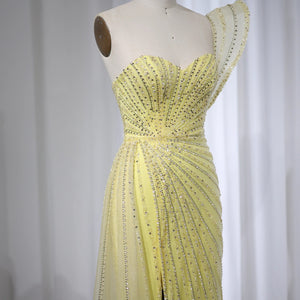 Vestido de Festa Luxo com Fenda e Manga Assimétrica