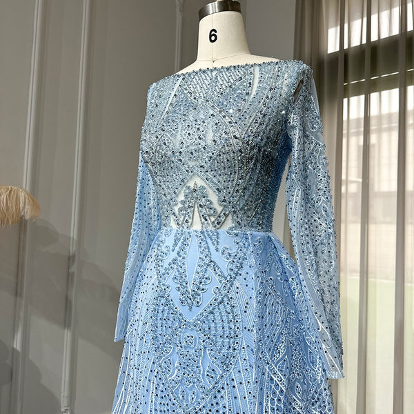 Vestido de Festa Longo Pandora em Renda e Cristal Azul Serenity - Modelo Especial
