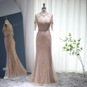Vestido de Festa Longo com Manga em Cristais Champanhe - Modelo Especial