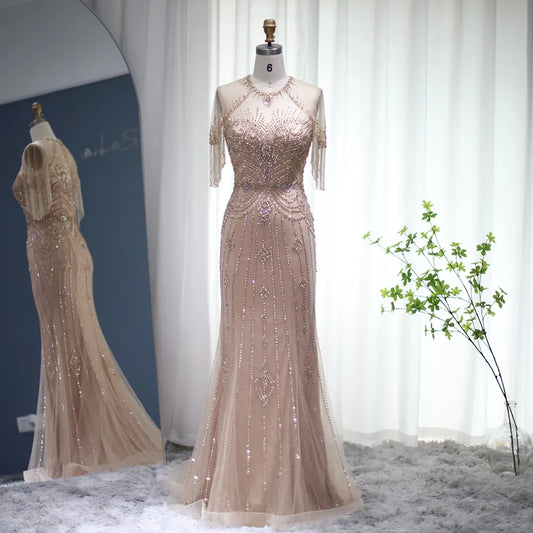 Vestido de Festa Longo com Manga em Cristais Champanhe - Modelo Especial