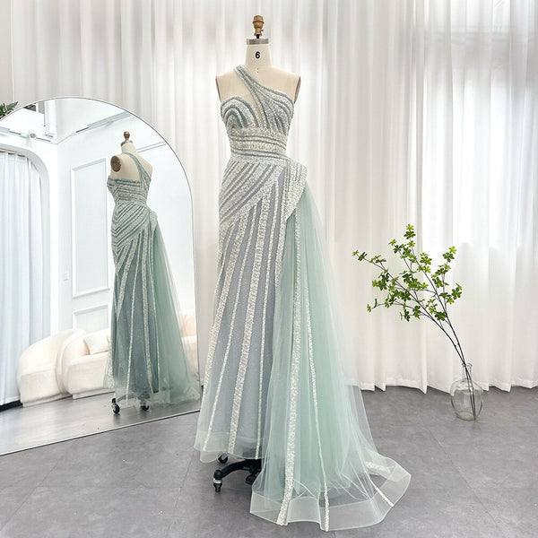 Vestido de Festa Luxo Ombro Assimétrico e Cauda em Tule - Modelo Especial