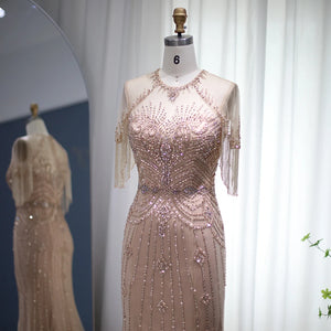 Vestido de Festa Longo com Manga em Cristais Champanhe - Modelo Especial